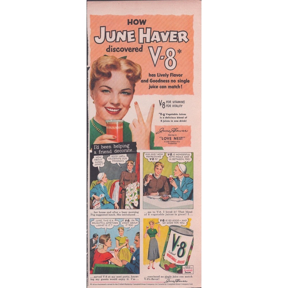 Vintage 1951 V8 Juice Print Ad June Haver Love Nest Movie 5x13 Comic Style